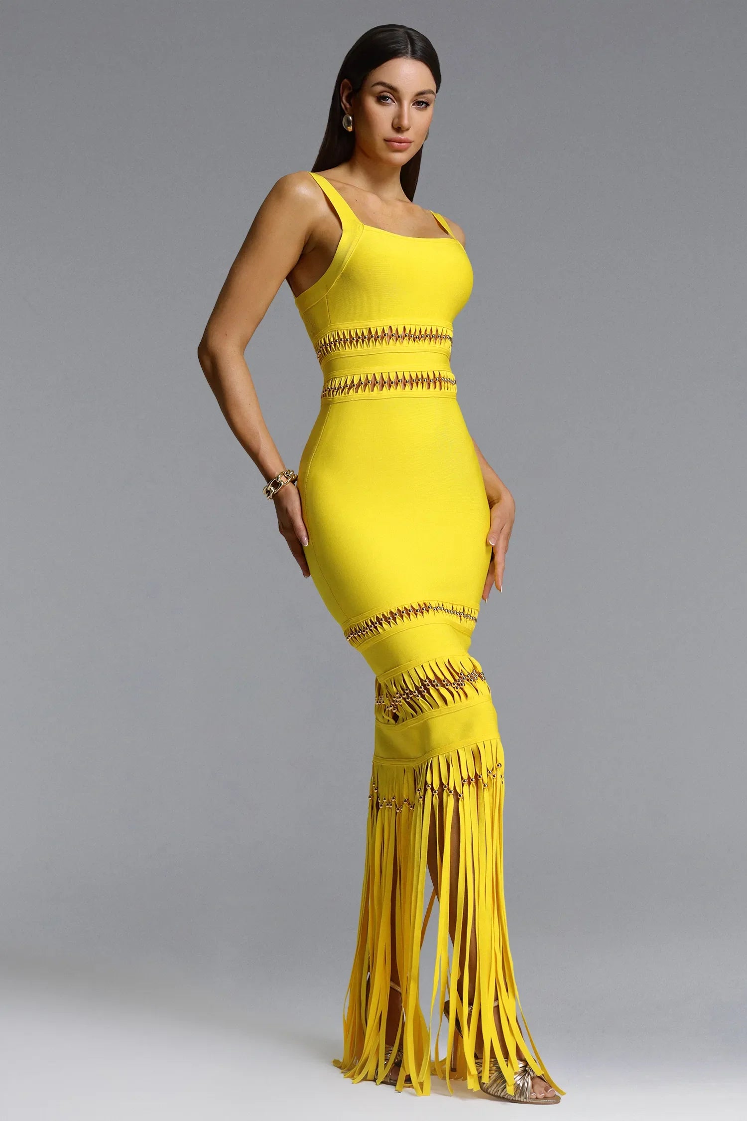 Shanley Chic Boncuklu Püsküllü Bandaj Maxi Elbise