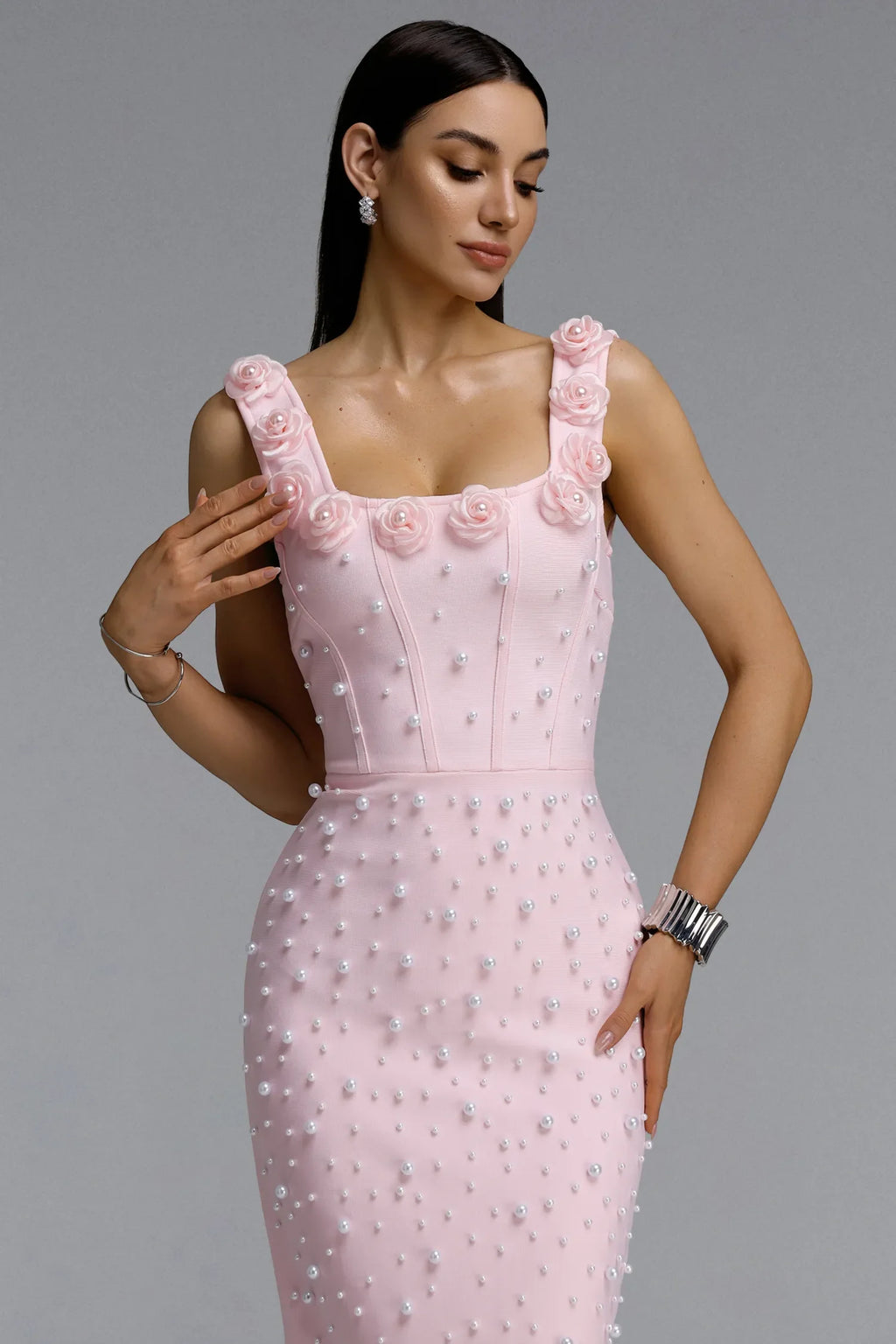 Jalorine İnci İşlemeli Bandaj Premium Maxi Elbise